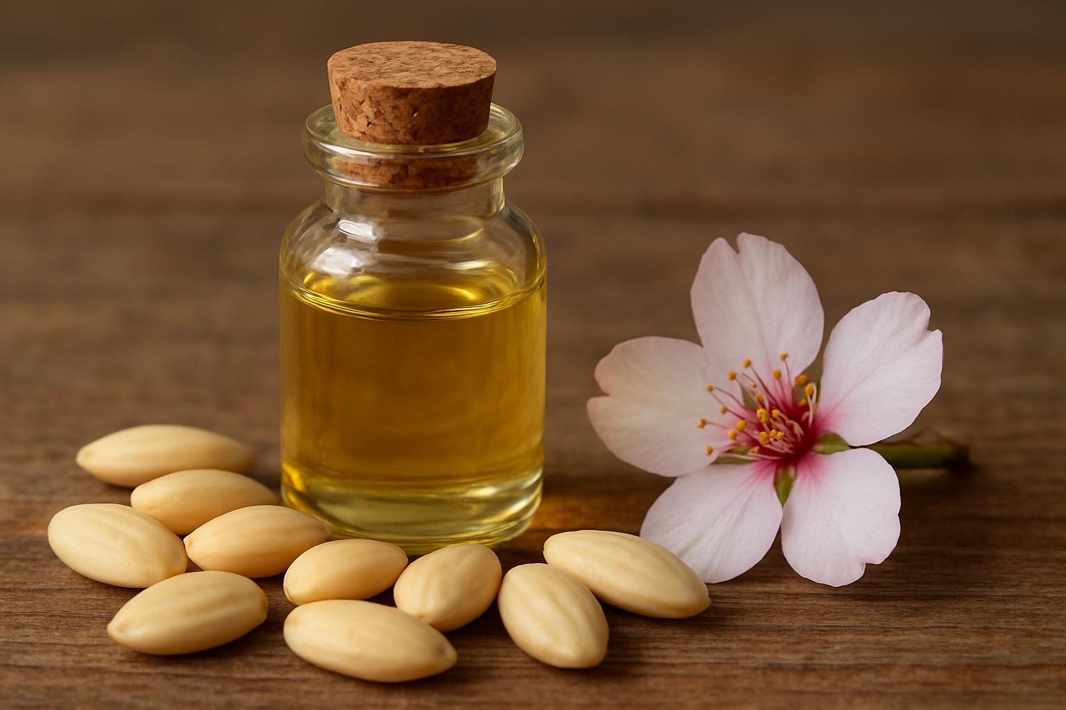 Create a realistic, detailed image of culinary almond oil in a small glass bottle made of transparent glass with a cork. Place the peeled almonds on the table. Place the almond flower on the side. Create a realistic, detailed image of culinary almond oil in a small glass bottle made of transparent glass with a cork. Place the peeled almonds on the table. Place the almond flower on the side.фото